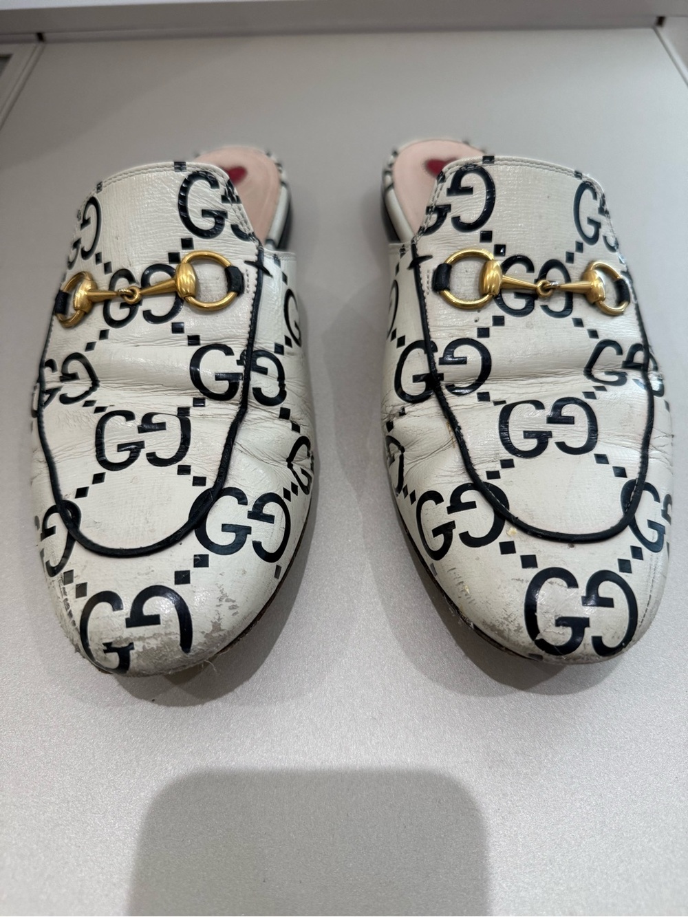 Gucci White Black GG Logo Kids Horsebit Slip-On Mules